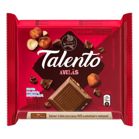 CHOCOLATE AO LEITE COM AVELÃS GAROTO TALENTO PACOTE 85G