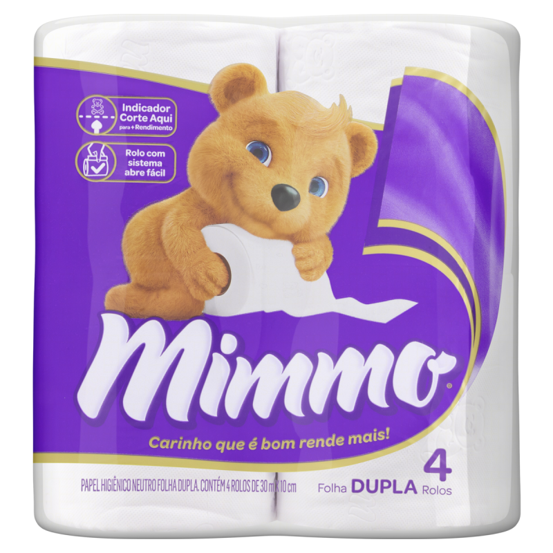 PAPEL HIGIÊNICO FOLHA DUPLA NEUTRO MIMMO 30M PACOTE 4 UNIDADES