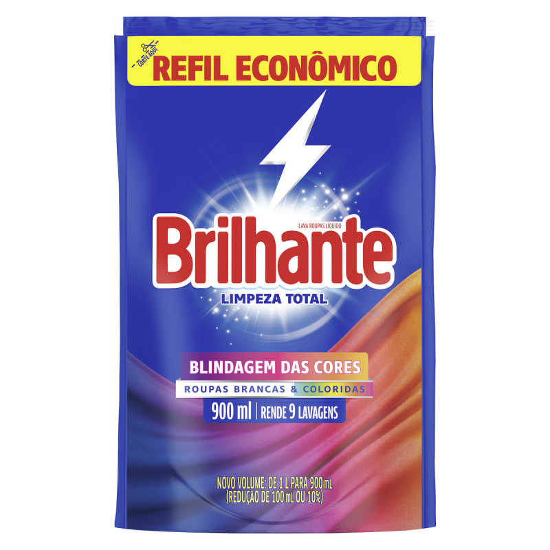 LAVA-ROUPAS LÍQUIDO ROUPAS BRANCAS E COLORIDAS BRILHANTE LIMPEZA TOTAL SACHÊ 900ML REFIL ECONÔMICO