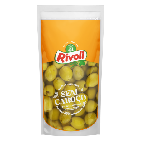 AZEITONA VERDE EM CONSERVA SEM CAROÇO RIVOLI SACHÊ 150G