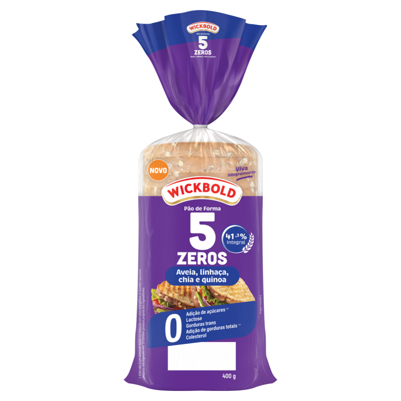 PÃO DE FORMA INTEGRAL AVEIA, LINHAÇA, CHIA E QUINOA ZERO LACTOSE WICKBOLD 5 ZEROS PACOTE 400G