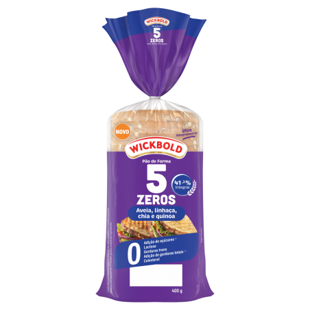 PÃO DE FORMA INTEGRAL AVEIA, LINHAÇA, CHIA E QUINOA ZERO LACTOSE WICKBOLD 5 ZEROS PACOTE 400G