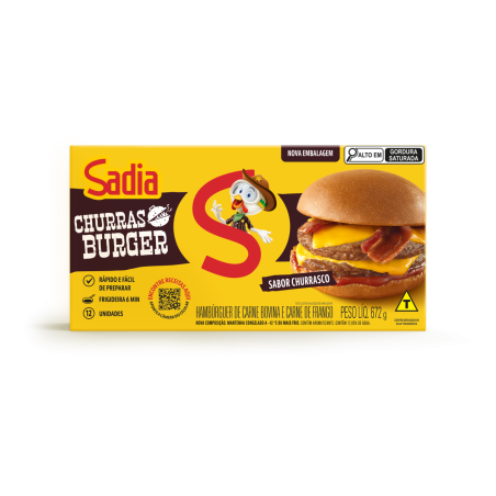 HAMBÚRGUER DE CARNE DE FRANGO E BOVINA CHURRASCO SADIA CHURRAS BURGER CAIXA 672G 12 UNIDADES