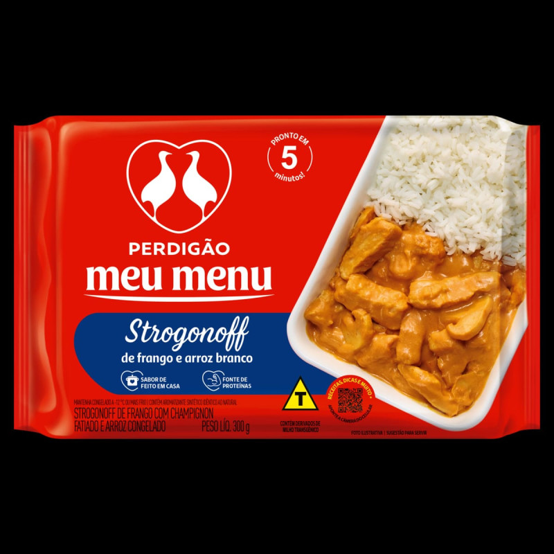 PRATO PTO PERDIGAO MEU MENU STROGONOFF FRANGO E ARROZ BRANCO 300G