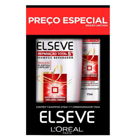 KIT SHAMPOO 375ML + CONDICIONADOR 170ML LORÉAL PARIS ELSEVE REPARAÇÃO TOTAL 5+