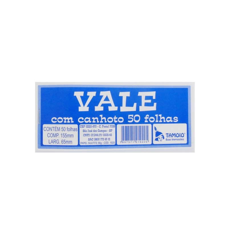 VALE COM CANHOTO  50 FOLHAS 1920/919205 TAMOIO 1un