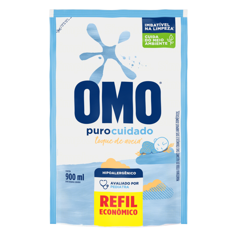 LAVA-ROUPAS LÍQUIDO OMO PURO CUIDADO SACHÊ 900ML REFIL ECONÔMICO