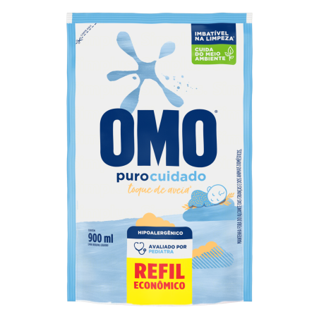 LAVA-ROUPAS LÍQUIDO OMO PURO CUIDADO SACHÊ 900ML REFIL ECONÔMICO