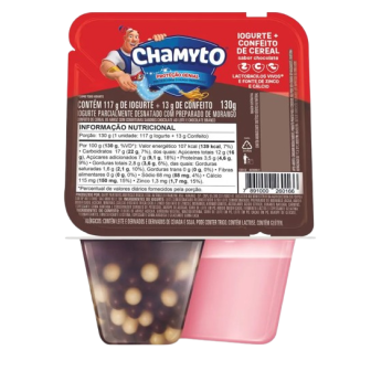 IOGURTE PARCIALMENTE DESNATADO MORANGO COM CEREAIS DE CHOCOLATE CHAMYTO BANDEJA 130G