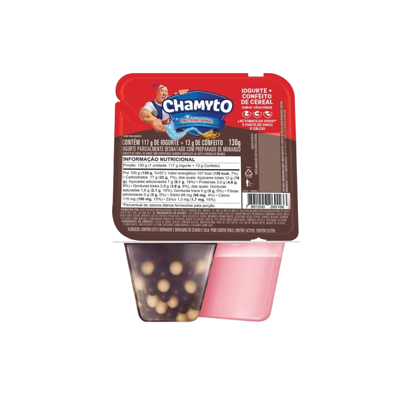 IOGURTE PARCIALMENTE DESNATADO MORANGO COM CEREAIS DE CHOCOLATE CHAMYTO BANDEJA 130G