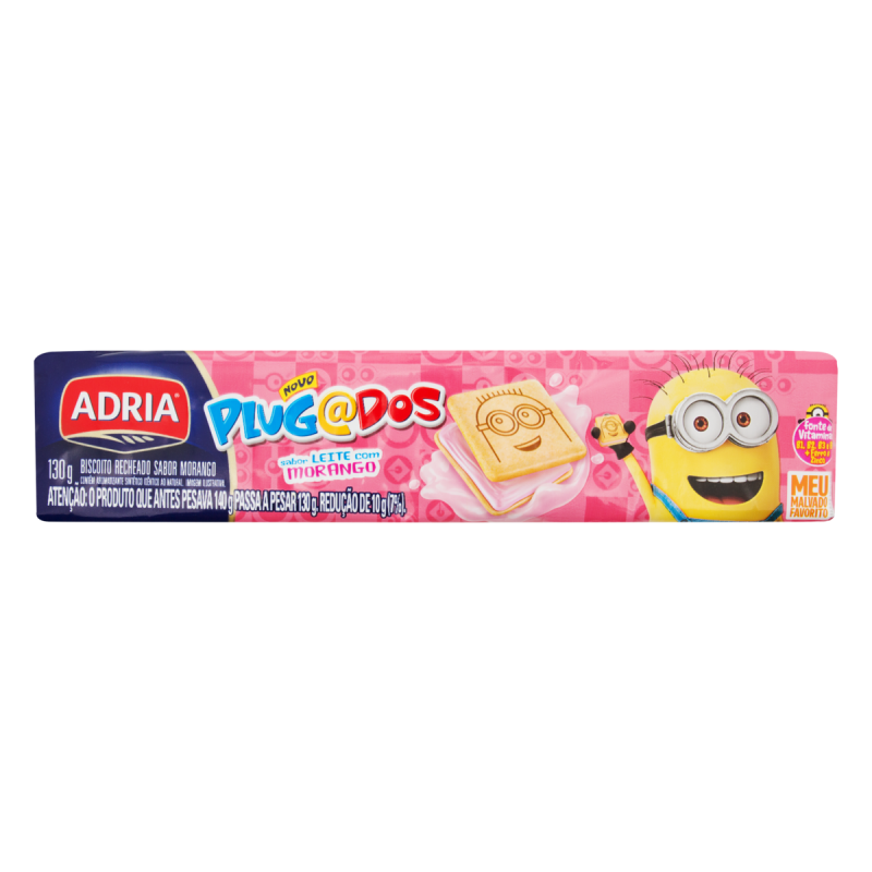 BISCOITO LEITE RECHEIO MORANGO MEU MALVADO FAVORITO ADRIA PLUGADOS PACOTE 130G