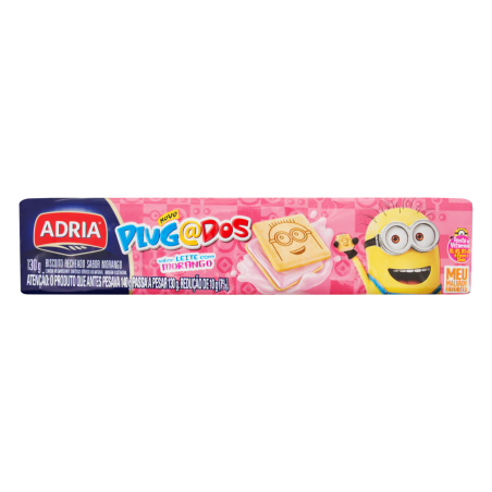 BISCOITO LEITE RECHEIO MORANGO MEU MALVADO FAVORITO ADRIA PLUGADOS PACOTE 130G