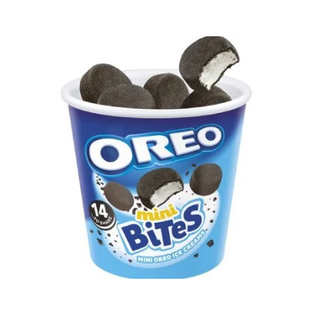 SORVETE BAUNILHA COBERTURA BISCOITOS TRITURADOS DE CHOCOLATE COM E SEM RECHEIO OREO MINI BITES POTE 72G
