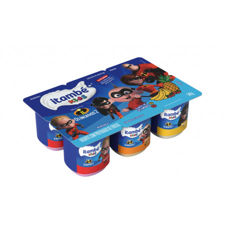 IOGURTE PARCIALMENTE DESNATADO MORANGO + SALADA DE FRUTAS + BANANA LEAGUE OF SUPERPETS ITAMBÉ KIDS BANDEJA 540G 6 UNIDADES