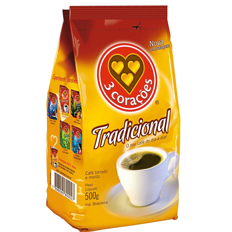 CAFÉ TORRADO E MOÍDO TRADICIONAL 3 CORAÇÕES PACOTE 500G