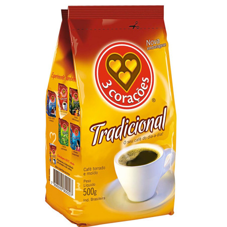 CAFÉ TORRADO E MOÍDO TRADICIONAL 3 CORAÇÕES PACOTE 500G