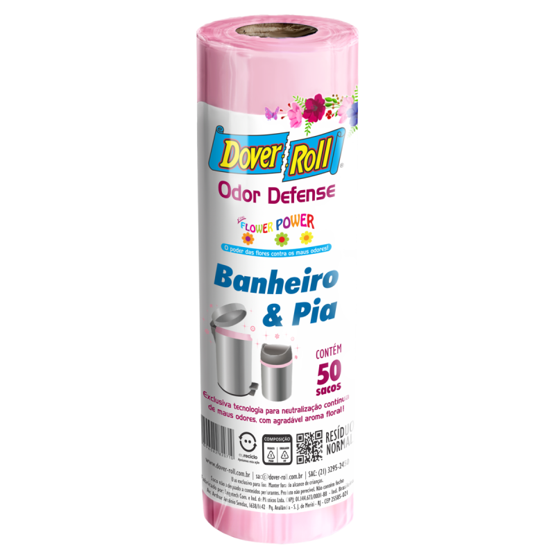 SACO PARA LIXO PIA E BANHEIRO FLOWER POWER 10L DOVER ROLL ODOR DEFENSE 50 UNIDADES