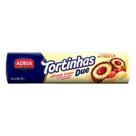 BISCOITO RECHEIO CHOCO BRANCO E GELEIA DE FRUTAS VERMELHAS ADRIA TORTINHAS DUE PACOTE 140G