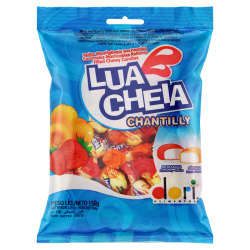 BALA RECHEIO MORANGO OU PÊSSEGO DORI LUA CHEIA CHANTILLY PACOTE 100G