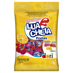BALA RECHEIO LARANJA, CEREJA OU FRAMBOESA DORI LUA CHEIA FRUTAS PACOTE 100G