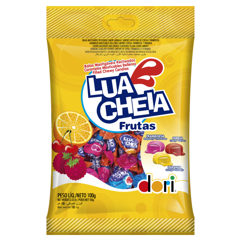 BALA RECHEIO LARANJA, CEREJA OU FRAMBOESA DORI LUA CHEIA FRUTAS PACOTE 100G