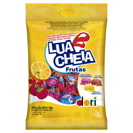 BALA RECHEIO LARANJA, CEREJA OU FRAMBOESA DORI LUA CHEIA FRUTAS PACOTE 100G