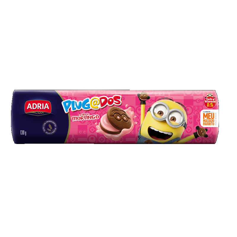 BISCOITO CHOCOLATE RECHEIO MORANGO MINIONS ADRIA PLUGADOS PACOTE 120G