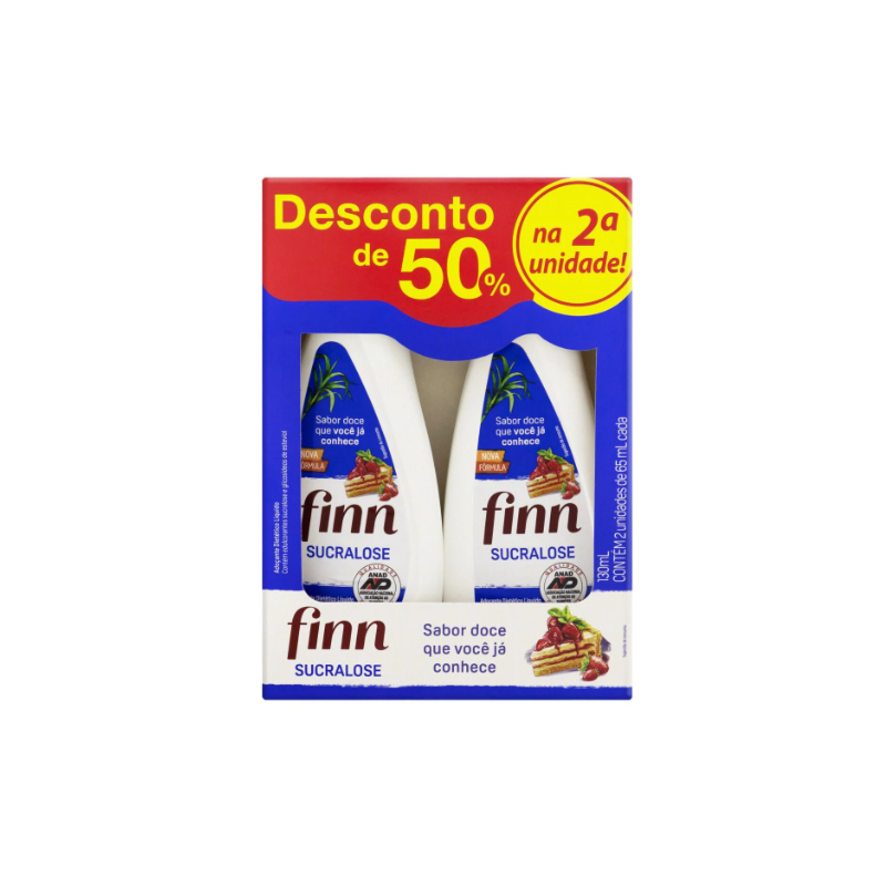 PACK ADOÇANTE LÍQUIDO SUCRALOSE FINN CAIXA 130ML 2 UNIDADES GRÁTIS DESCONTO DE 50% NA 2ª UNIDADE