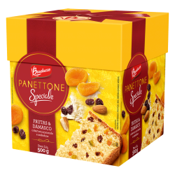 PANETTONE COM FRUTAS E DAMASCO COBERTURA AÇUCARADA E AMÊNDOAS BAUDUCCO CAIXA 500G