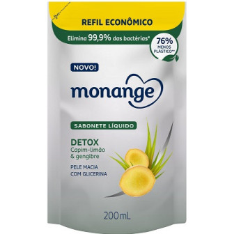 SABONETE LÍQUIDO DETOX CAPIM-LIMÃO & GENGIBRE MONANGE SACHÊ 200ML REFIL ECONÔMICO
