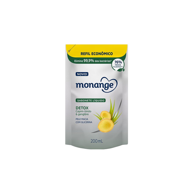 SABONETE LÍQUIDO DETOX CAPIM-LIMÃO & GENGIBRE MONANGE SACHÊ 200ML REFIL ECONÔMICO
