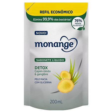 SABONETE LÍQUIDO DETOX CAPIM-LIMÃO & GENGIBRE MONANGE SACHÊ 200ML REFIL ECONÔMICO