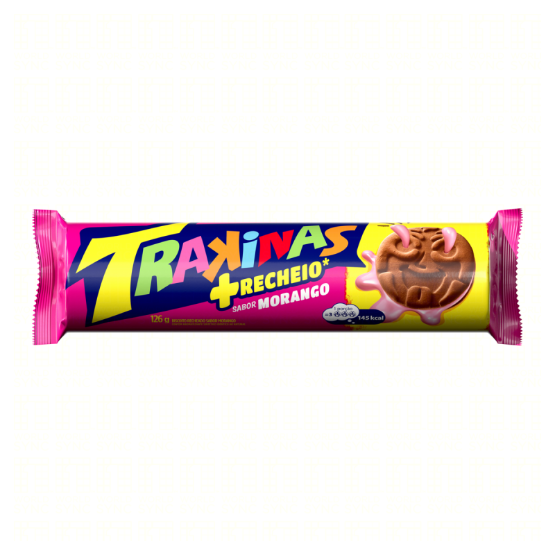 BISCOITO RECHEIO MORANGO TRAKINAS +RECHEIO PACOTE 126G
