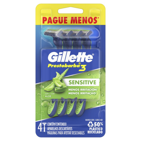 APARELHO DESCARTÁVEL PARA BARBEAR GILLETTE PRESTOBARBA3 SENSITIVE 4 UNIDADES PAGUE MENOS
