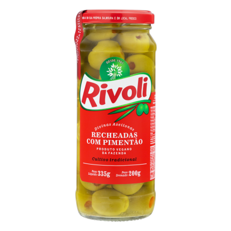 AZEITONA VERDE EM CONSERVA RECHEIO PIMENTÃO RIVOLI VIDRO 200G