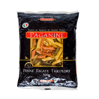 MACARRÃO DE SÊMOLA GRANO DURO TRICOLORE PENNE RIGATE PAGANINI PACOTE 500G