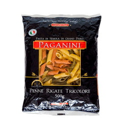 MACARRÃO DE SÊMOLA GRANO DURO TRICOLORE PENNE RIGATE PAGANINI PACOTE 500G