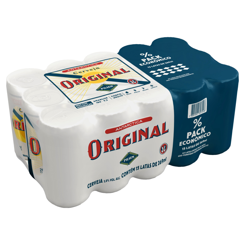 PACK CERVEJA PILSEN ANTARCTICA ORIGINAL LATA 15 UNIDADES 269ML CADA EMBALAGEM ECONÔMICA