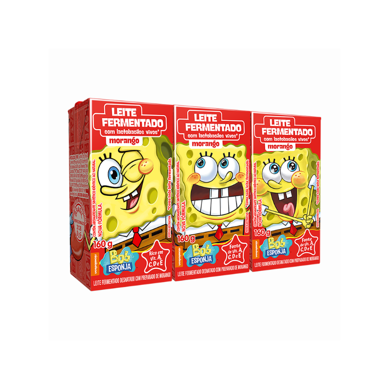 PACK LEITE FERMENTADO DESNATADO MORANGO BOB ESPONJA BATAVO CAIXA 3 UNIDADES 160G CADA