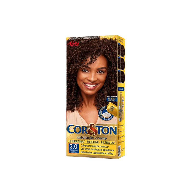 KIT COLORAÇÃO CREME COR 3.0 CASTANHO ESCURO NIELY COR&TON