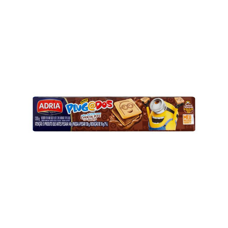 BISCOITO LEITE RECHEIO CHOCOLATE SUÍÇO MEU MALVADO FAVORITO ADRIA PLUGADOS PACOTE 130G