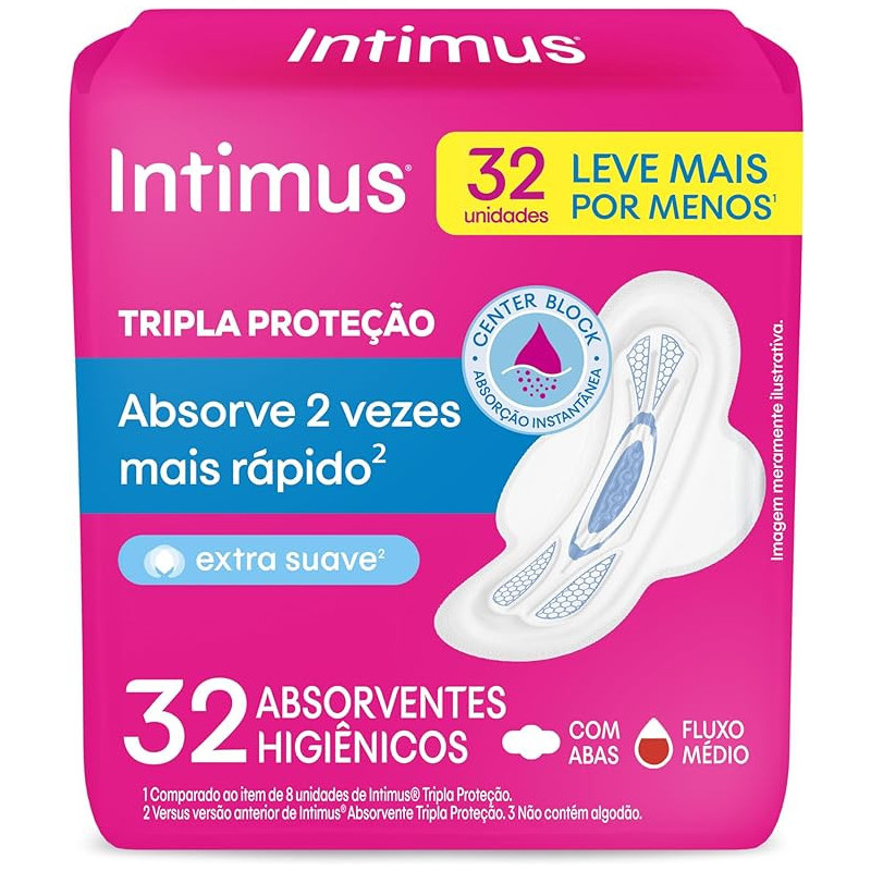 ABSORVENTE COM ABAS EXTRA SUAVE INTIMUS TRIPLA PROTEÇÃO PACOTE 32 UNIDADES