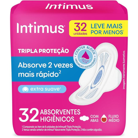 ABSORVENTE COM ABAS EXTRA SUAVE INTIMUS TRIPLA PROTEÇÃO PACOTE 32 UNIDADES