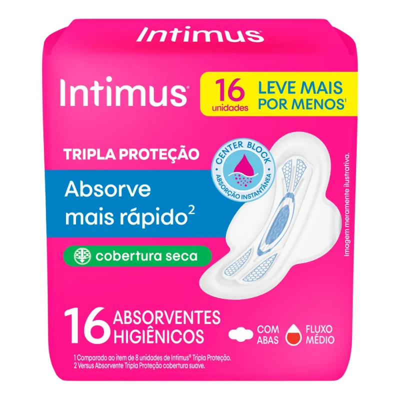 ABSORVENTE COM ABAS SECA INTIMUS TRIPLA PROTEÇÃO PACOTE LEVE 16 PAGUE 14 UNIDADES