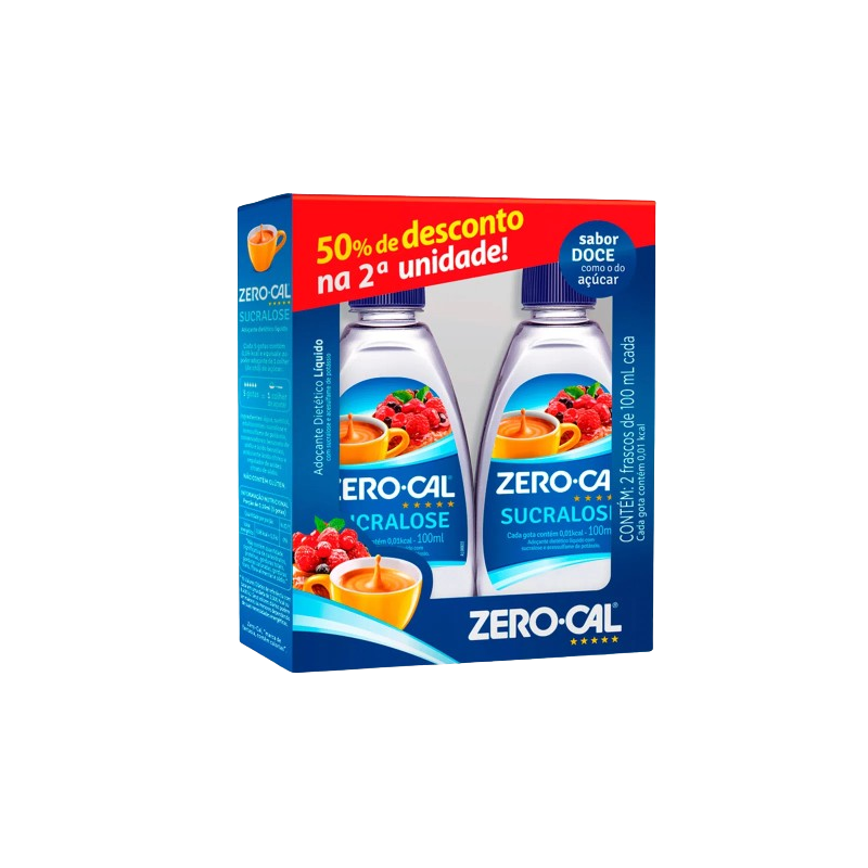 PACK ADOÇANTE LÍQUIDO SUCRALOSE ZERO CAL FRASCO 200ML 2 UNIDADES GRÁTIS 50% DESCONTO NA SEGUNDA UNIDADE